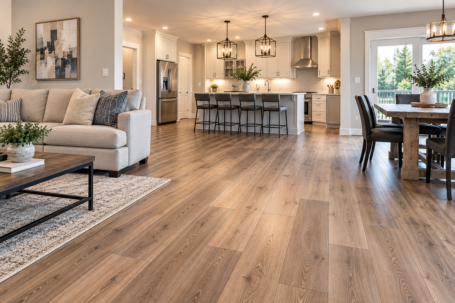 New wood-look plank flooring throughout an open-concept living room, kitchen, and dining area