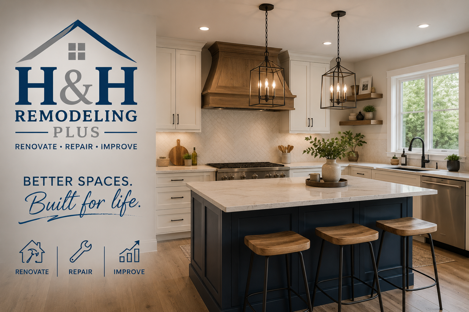 Remodeled kitchen with white cabinets, dark blue island, pendant lighting, and modern finishes