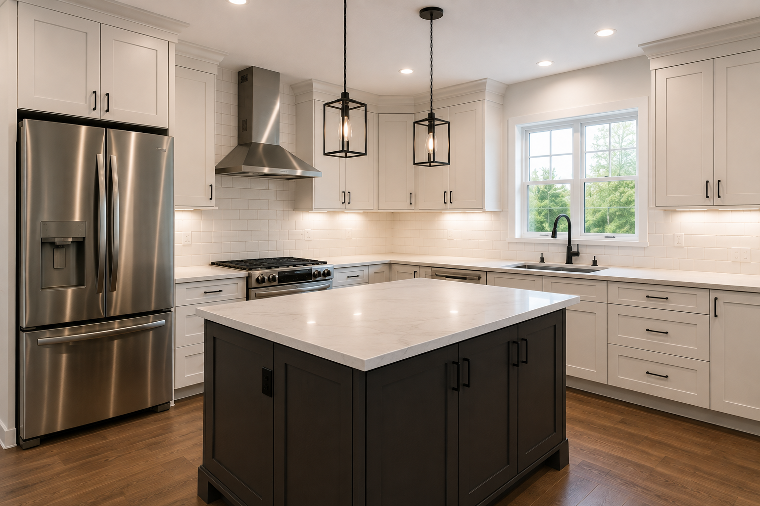 Remodeled kitchen with white cabinets, dark island, stainless steel appliances, and modern finishes