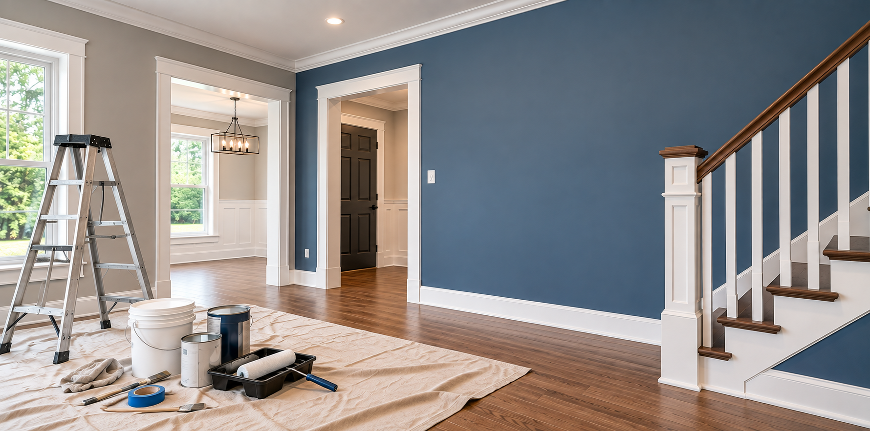 Freshly painted blue interior wall with white trim, wood floors, and painting supplies