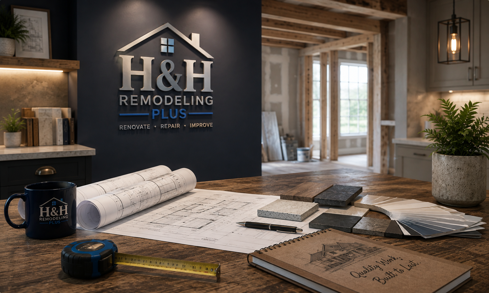 H&H Remodeling Plus logo with remodeling plans, material samples, and tools in a home renovation workspace