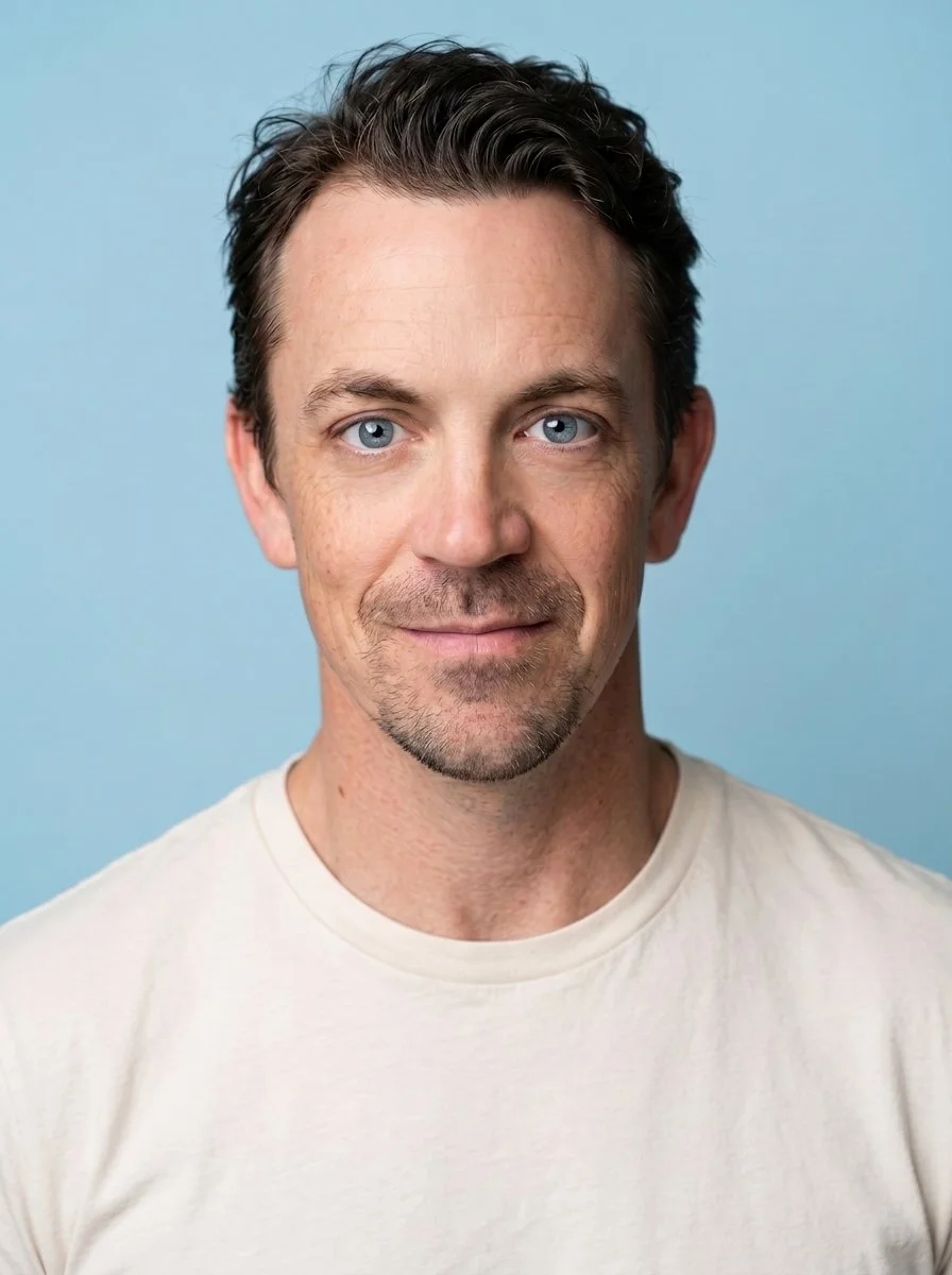 A man with short dark hair, blue eyes, light skin, and a slight beard, wearing a white t-shirt, standing against a light blue background.