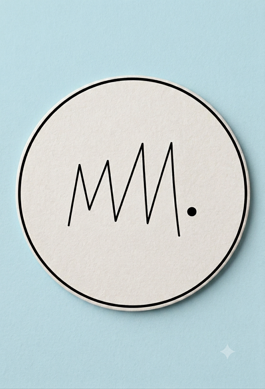 A round white coaster with a black outline, featuring a black zigzag line and a small black dot, placed on a light blue surface.
Logo for Michael MacDonald, Advisory & Coaching.