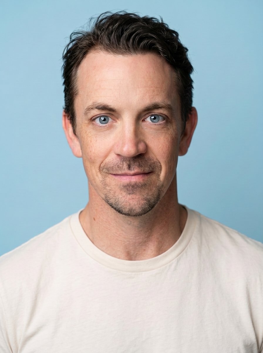 Headshot of a man with blue eyes and dark hair, wearing a white t-shirt, against a light blue background.
Michael MacDonald.  Business coach.  CPA.