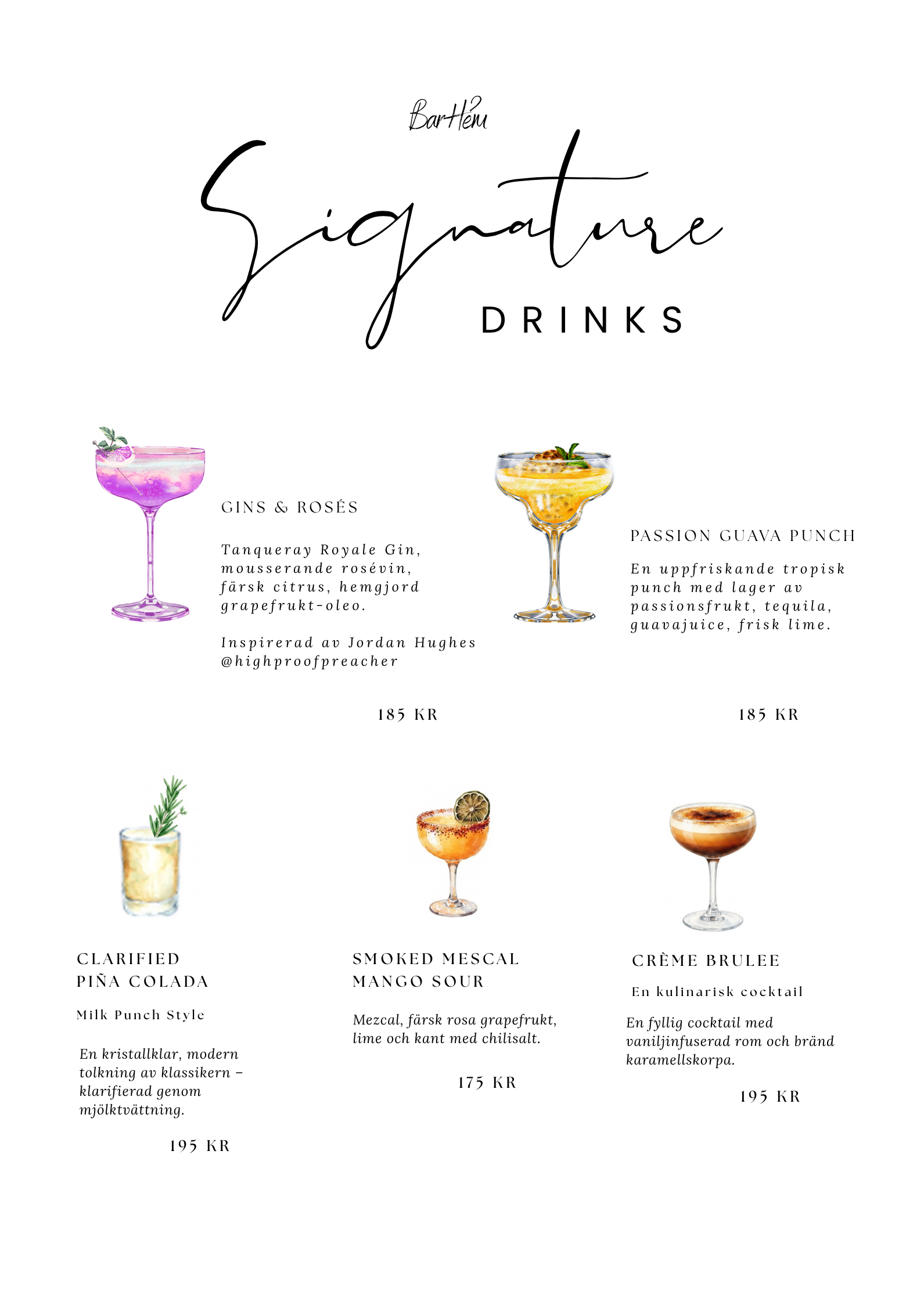En meny för Signature Drinks med bilder av olika cocktailar och beskrivningar på svenska.