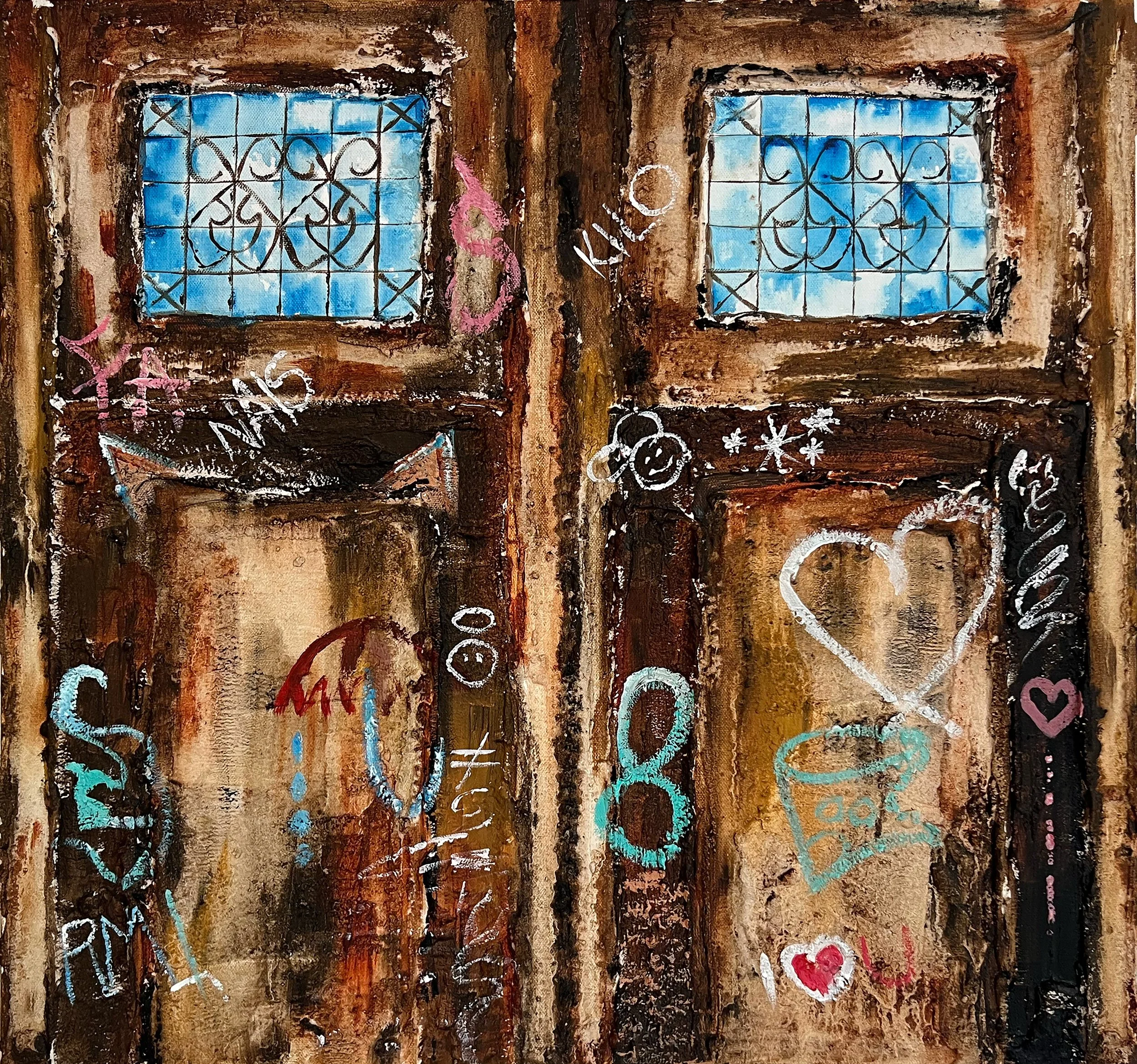 Painted wooden surface with two square window panes featuring decorative iron grilles behind glass, and colorful chalk drawings of hearts, smiley faces, and flowers on the wood.
