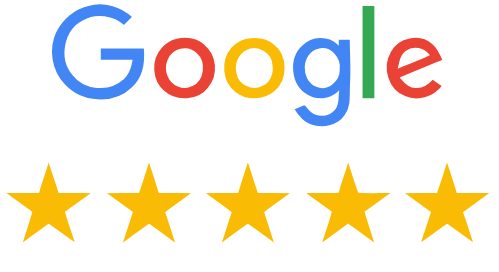 Google logo above five yellow stars representing a five-star reviews rating.
