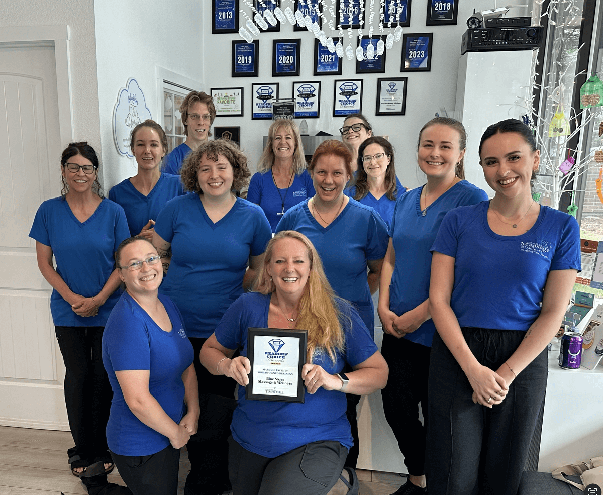 Team photo of the best massage therapists and estheticians in Longmont, Colorado at Blue Skies Massage and Wellness Spa.