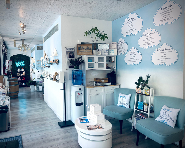 Waiting room at Blue Skies Massage and Wellness Spa in Longmont, CO.
