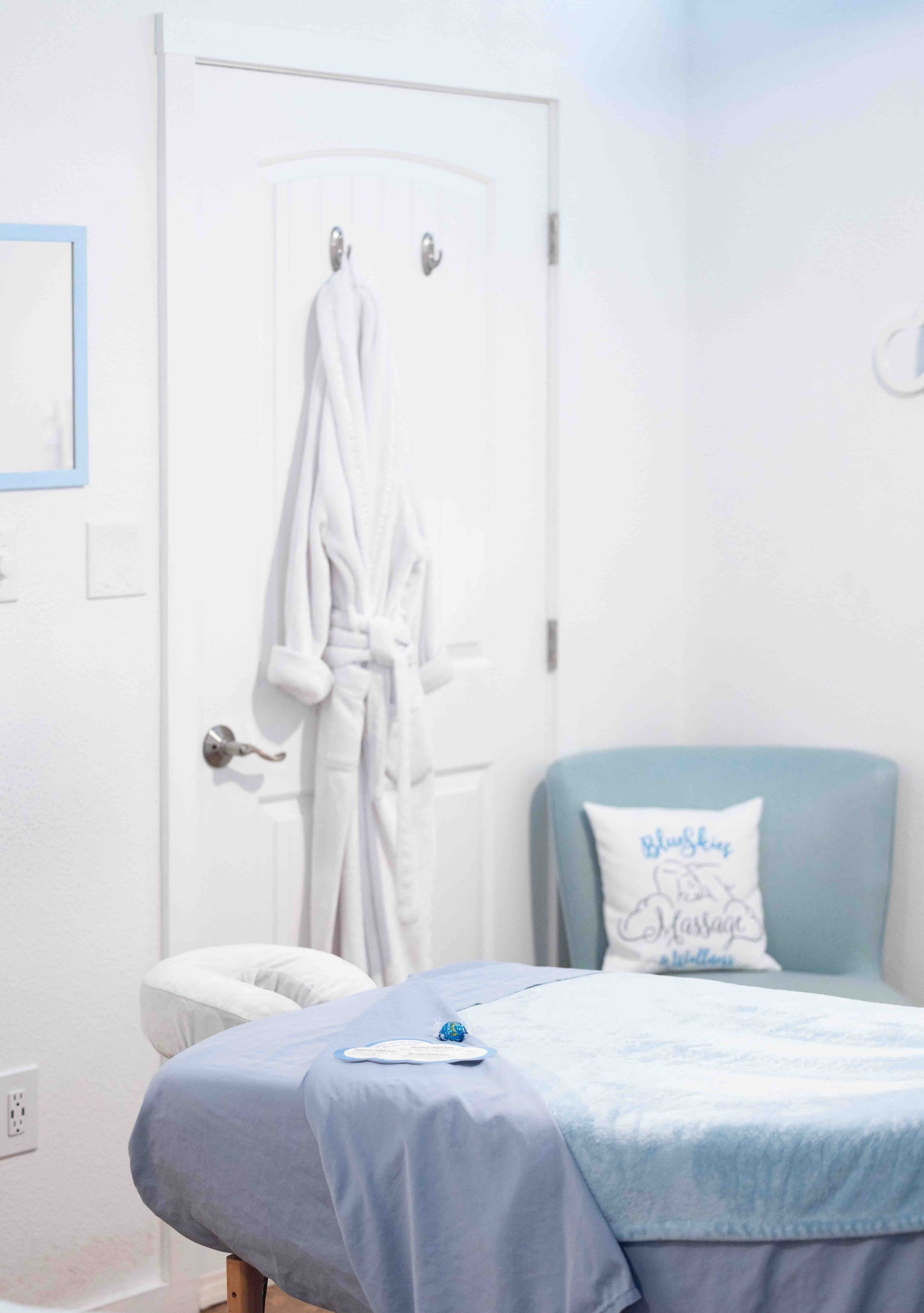 The relaxing massage room at Blue Skies Massage and Wellness in Longmont, Colorado.