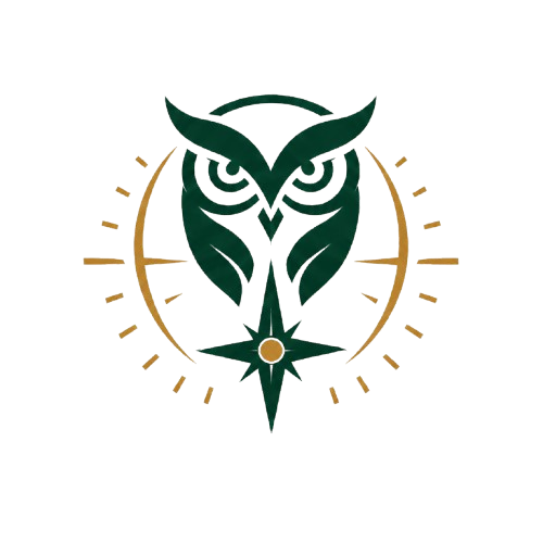 A stylized owl with green and gold accents, surrounded by a circular gear-like frame, featuring a star or flower at its base.