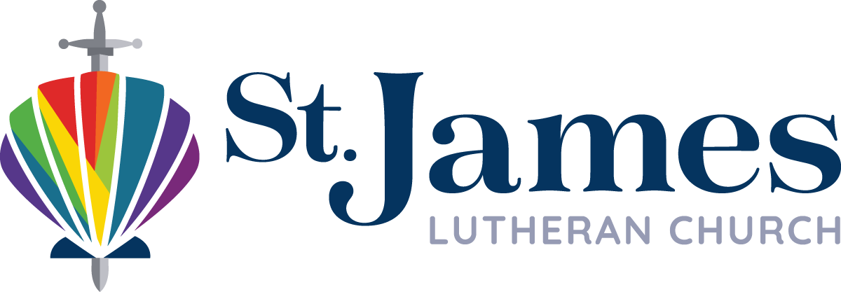 Logo of St. James Lutheran Church featuring a rainbow-colored hot air balloon and church name.