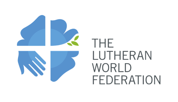 Logo of The Lutheran World Federation, featuring a blue cross divided into four sections, with a green leaf on one side, and text next to it.