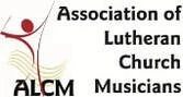Logo of the Association of Lutheran Church Musicians with red curved line and black text.