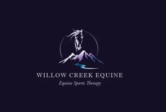 Logo for Willow Creek Equine, featuring a stylized horse and mountain scenery with a creek, and the text 'Willow Creek Equine' and 'Equine Sports Therapy'.