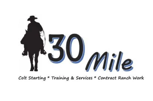 Logo for 30 Mile - TC Langmuir featuring a Silhouette of a cowboy on horseback next to large text reading '30 Mile' and smaller text listing services like colt starting, training, services, and contract ranch work.