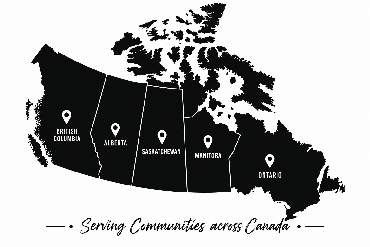 Map of Canada with highlighted regions: British Columbia, Alberta, Saskatchewan, Manitoba, Ontario, each marked with a location pin and labeled, and the caption 'Serving Communities across Canada'.