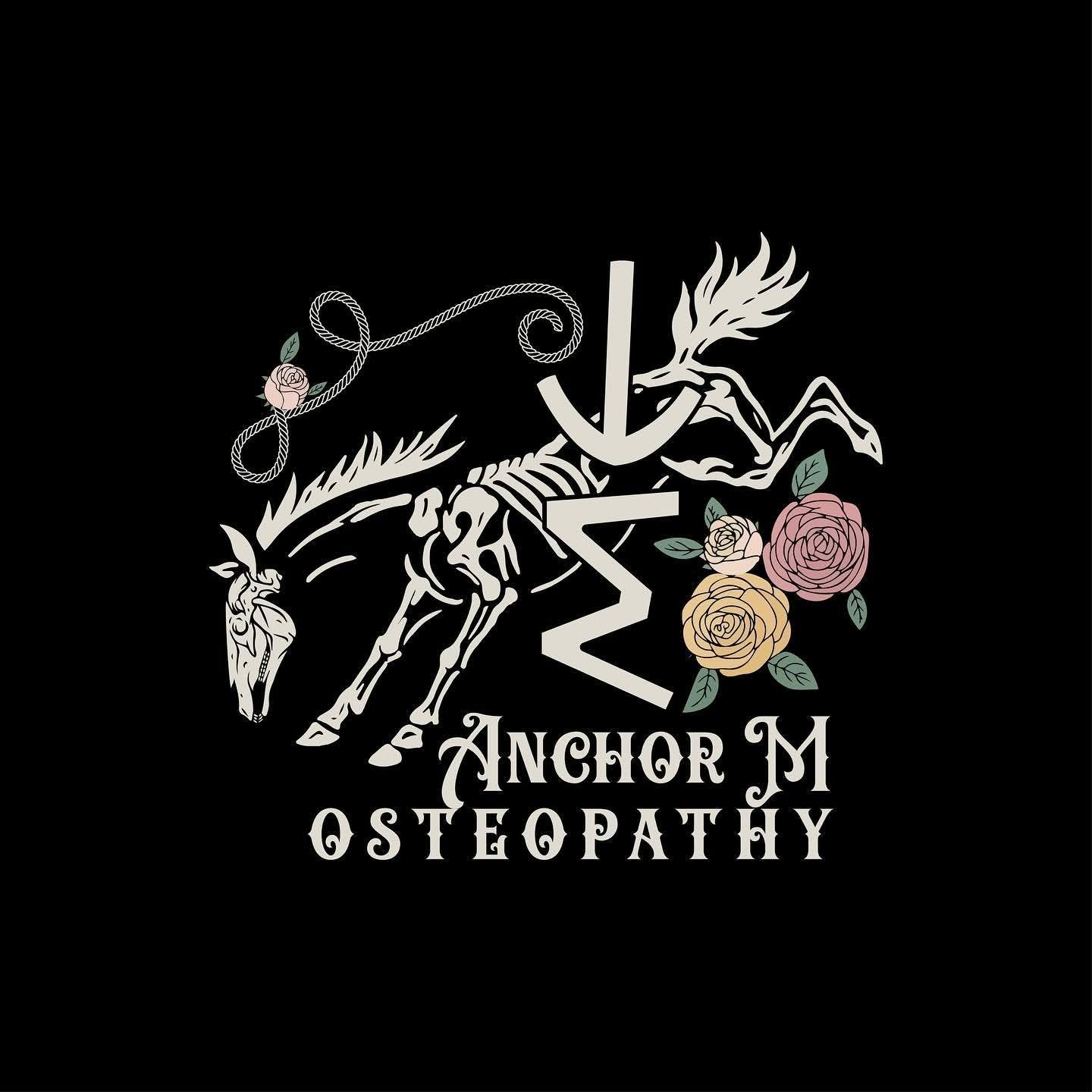 A skeleton of a deer with antlers, flowers, an anchor, and the words "CK" and "Anchor My Osteopathy" on a black background.