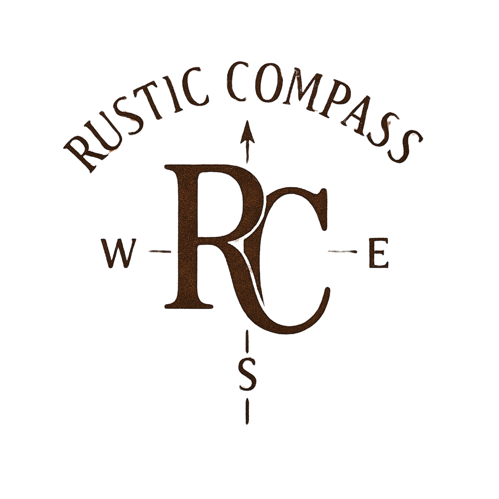 Logo for Rustic Compass, featuring a large 'R' and 'C' with compass directions N, S, E, W around it.