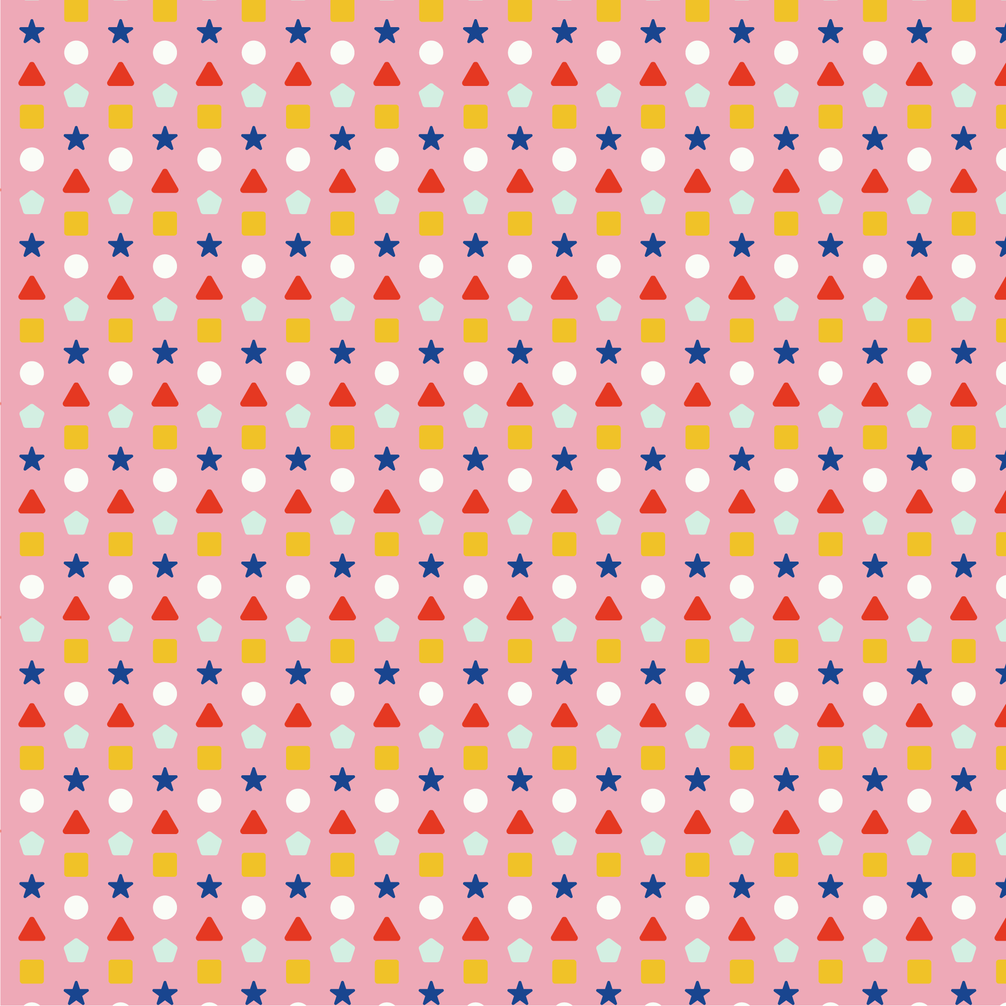 Colorful geometric pattern on pink background featuring rows of white circles, blue stars, red triangles, light blue hexagons, and yellow squares arranged in a repeating grid.