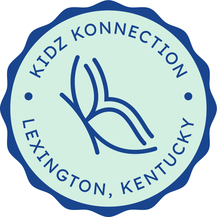 Logo for Kidz Konnection in Lexington, Kentucky, featuring a stylized butterfly in blue outline encircled by the organization's name.