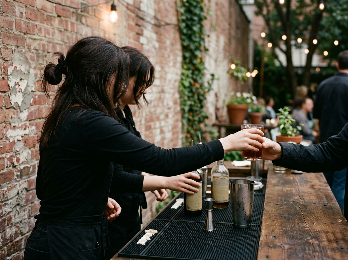 A bartender is handing a glass of beer to a customer at an outdoor bar with a brick wall and string lights in the background.