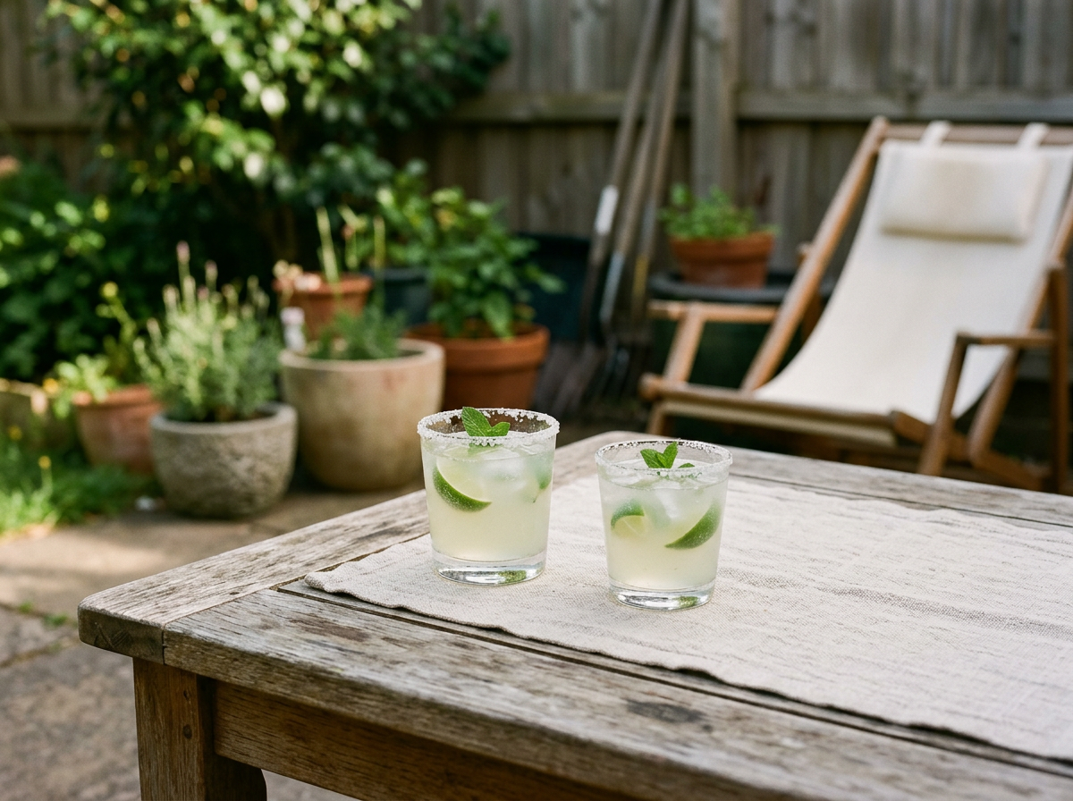 Two glasses of lime and mint cocktails on a wooden table in a backyard garden.