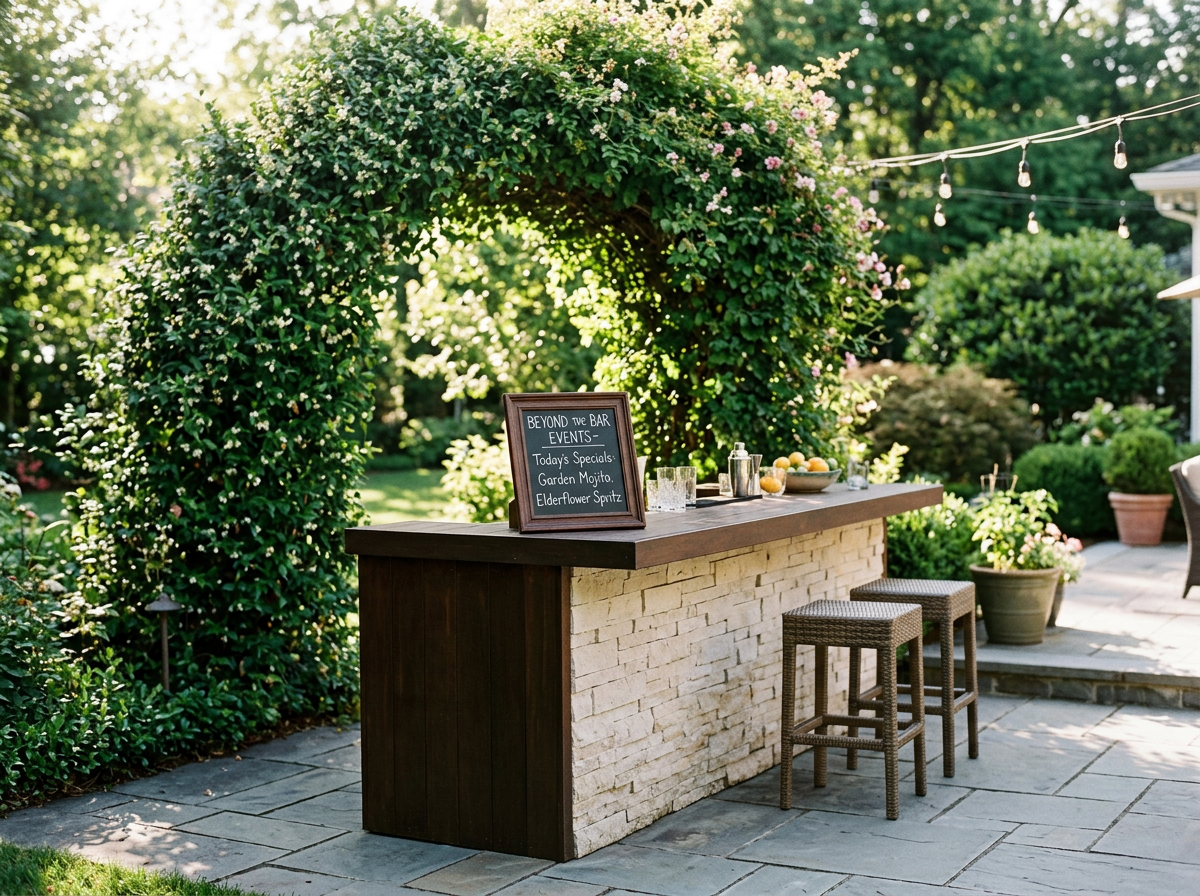 An outdoor bar setup with a stone and wood counter under a floral arch, on a patio with potted plants and string lights, with three woven bar stools.