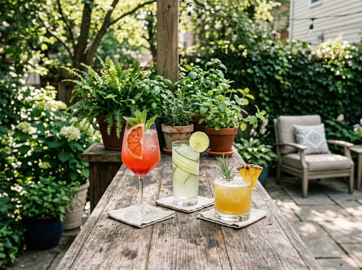 Three colorful cocktails on a rustic outdoor table surrounded by green potted plants and garden furniture.