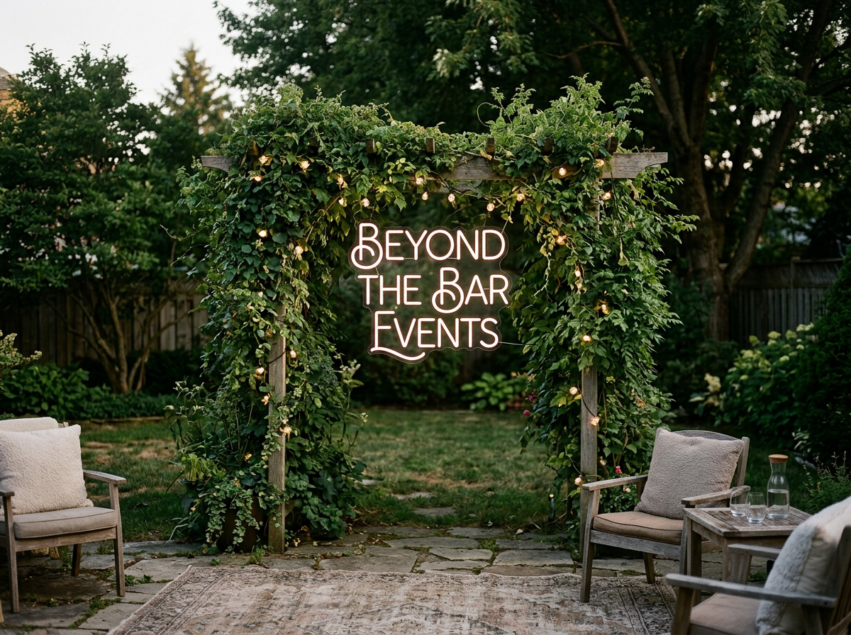 Neon sign reading 'Beyond the Bar Events' hanging within an archway made of greenery and fairy lights in a backyard setting with outdoor chairs and a rustic rug.