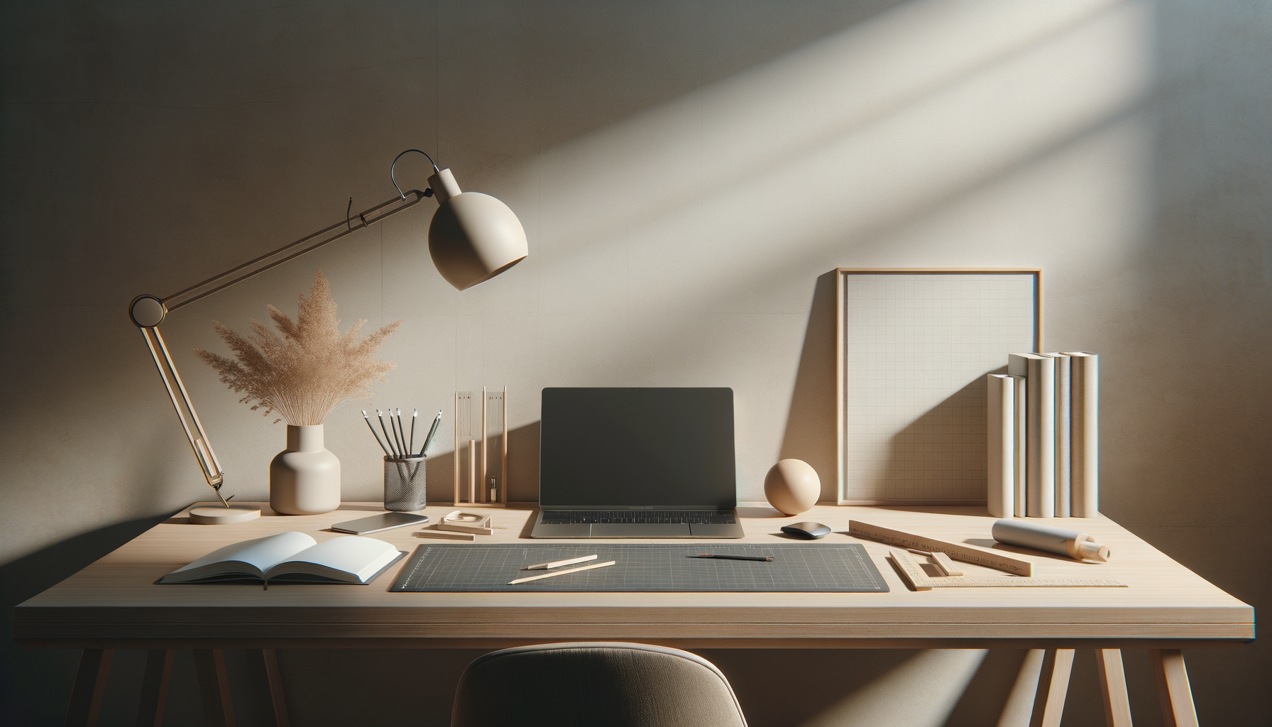 A well-organized minimalist desk with a laptop, open notebook, 3D ruler, cutting mat, and various stationery items, decorated with a vase of dried flowers, a spherical sculpture, and a framed grid board, illuminated by natural light with a modern desk lamp.