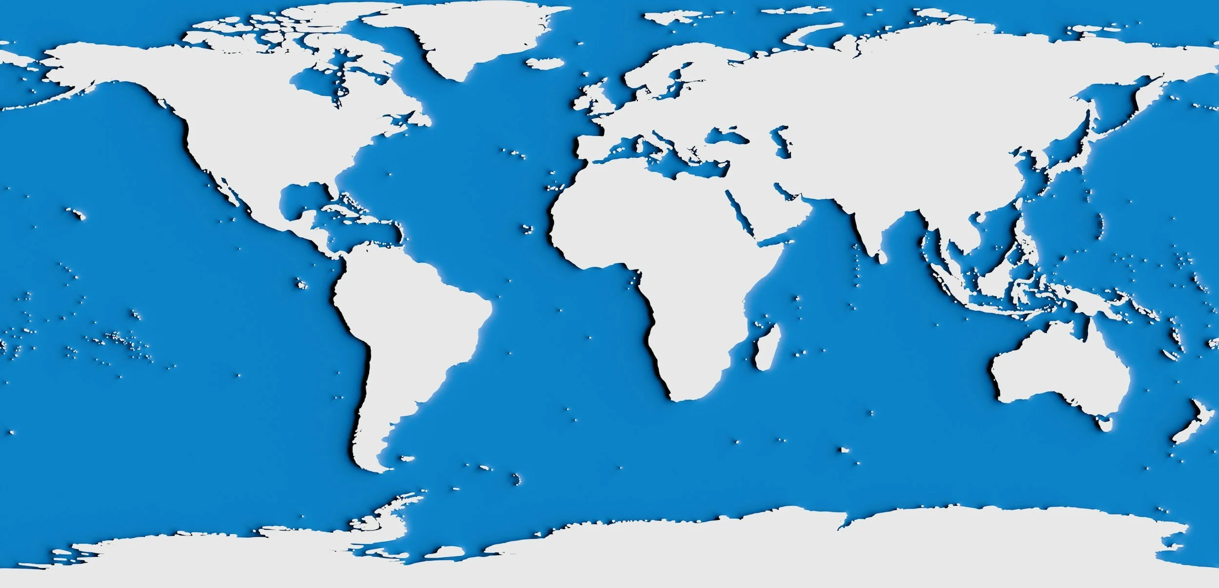 World map with continents in white and oceans in blue.