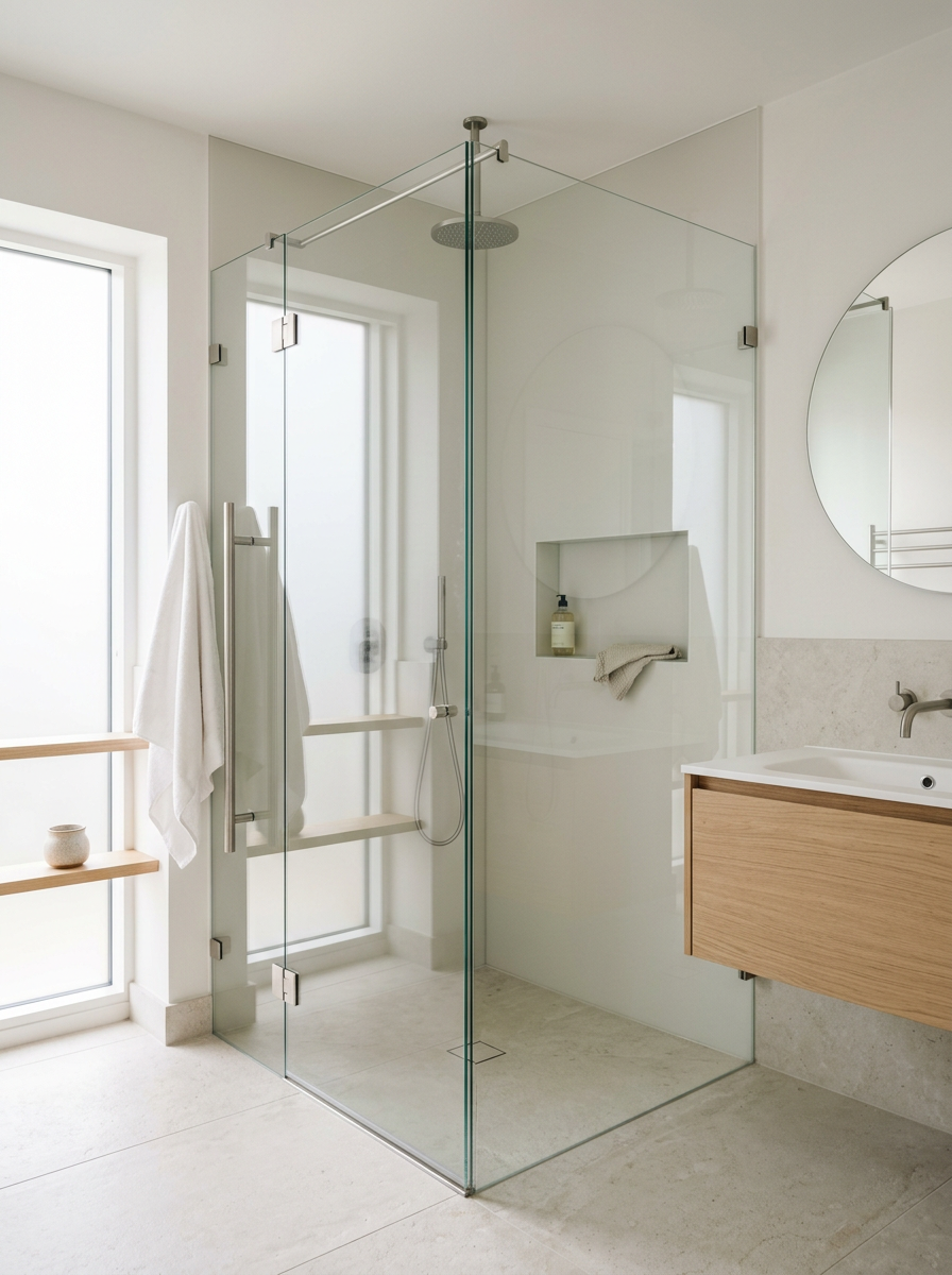 Modern bathroom with a glass walk-in shower, a wooden vanity with a white sink, a round mirror, frosted window, and white walls.