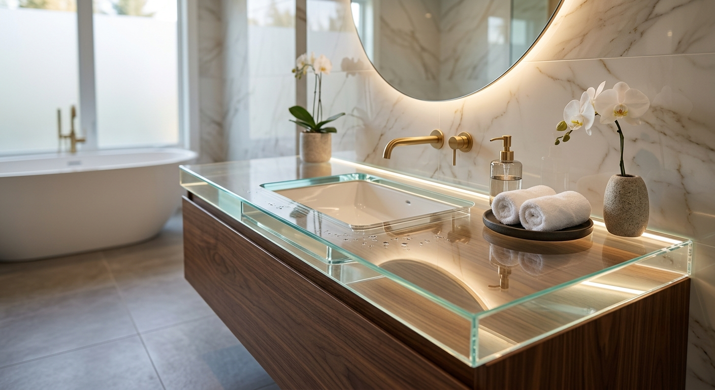 Modern bathroom with a wooden vanity, glass countertop, round mirror with backlighting, a vessel sink, gold faucet, and decorative orchids in vases.