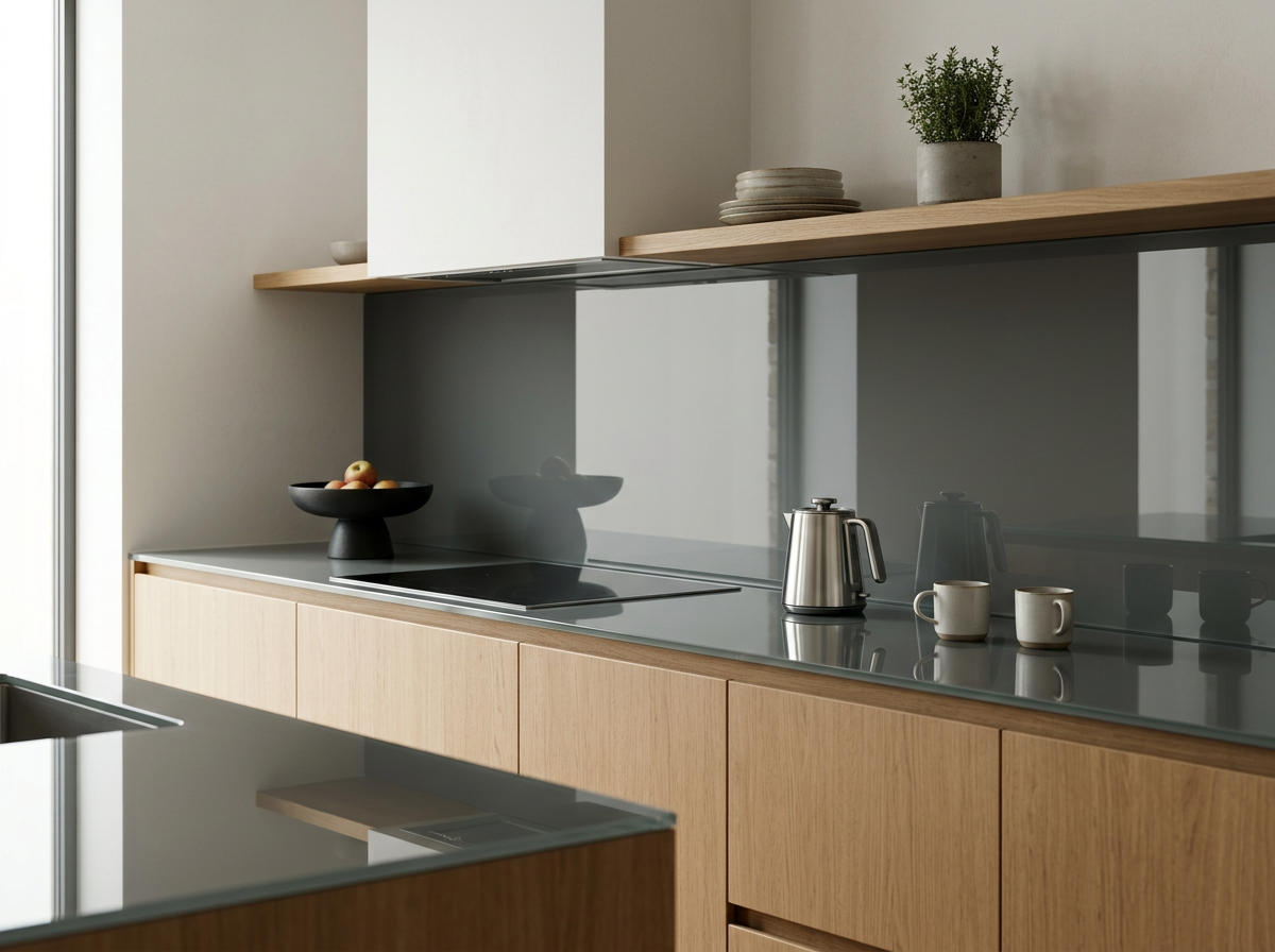 Modern minimalist kitchen with light wood cabinets, black countertop, and a gray backsplash. There is a bowl of apples, a silver electric kettle, and two white coffee mugs on the countertop. A wooden shelf holds a stack of plates and a potted plant.
