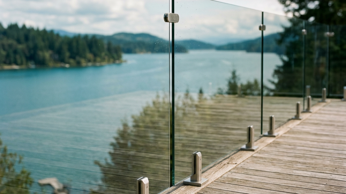 View of a wooden deck with glass railing overlooking a lake surrounded by trees and hills under a partly cloudy sky.