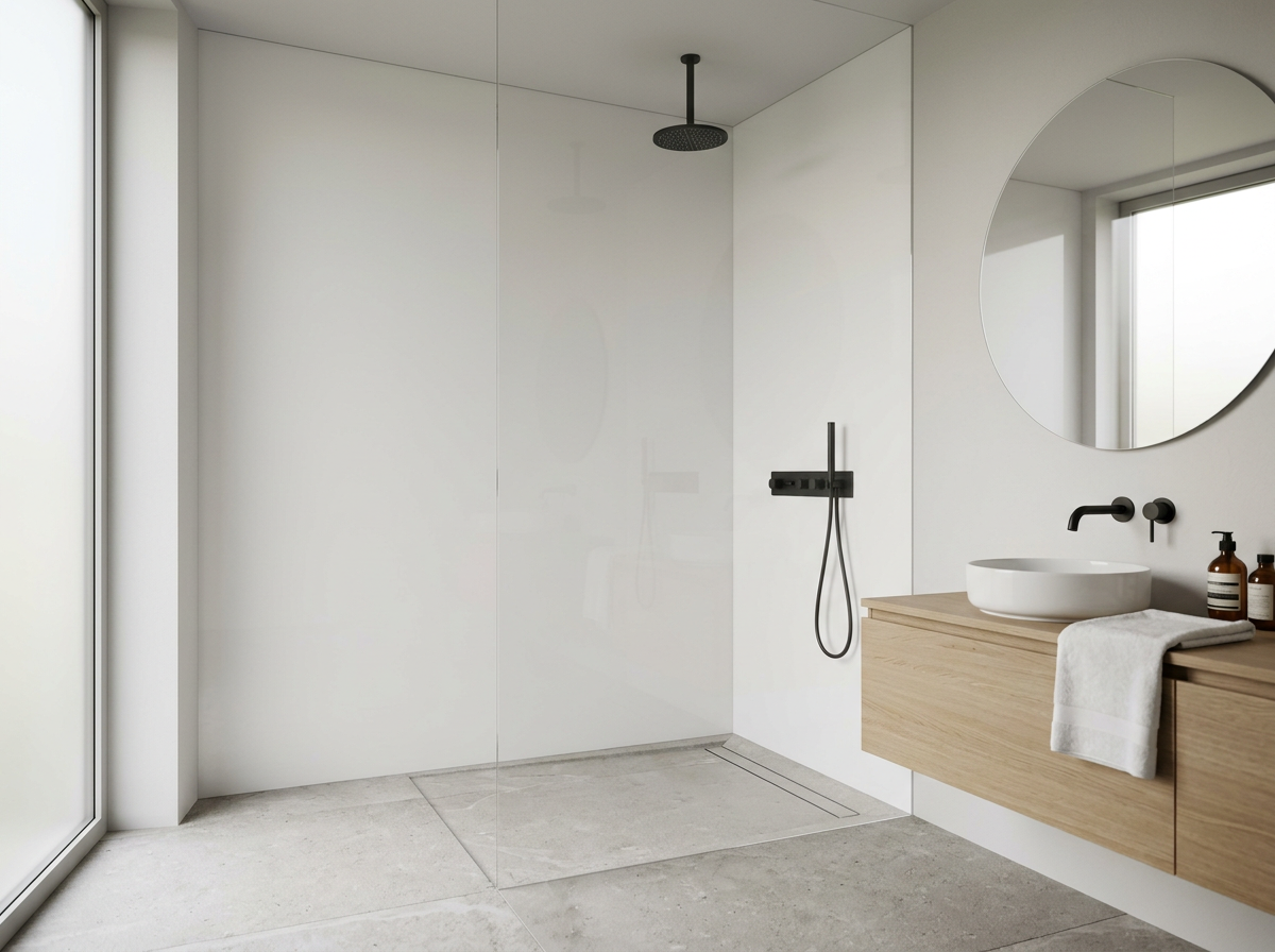 Modern minimalist bathroom featuring a walk-in shower with black fixtures, a round mirror, a white vessel sink on a wooden floating vanity, a wall-mounted black faucet, and natural light from a large window.