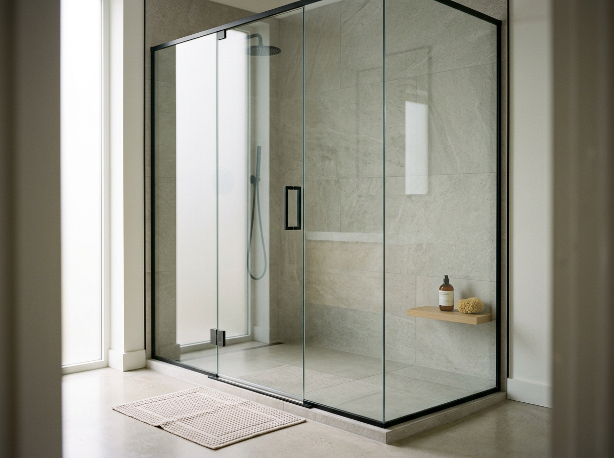 Modern glass-enclosed shower with beige tile walls, black frame, and a small wooden shelf with soap and sponge inside, next to a large window with frosted glass.