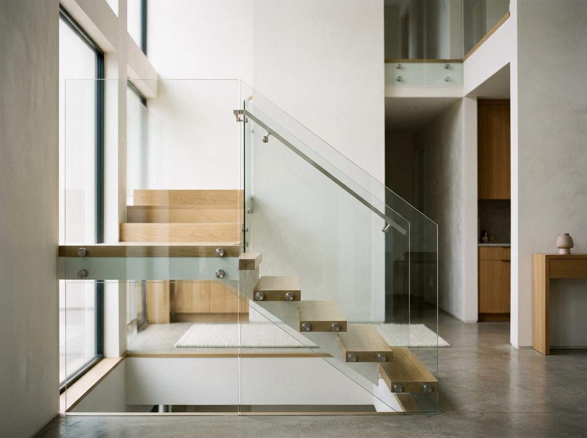 Modern interior with wooden and glass staircase, large windows, and minimalist decor.