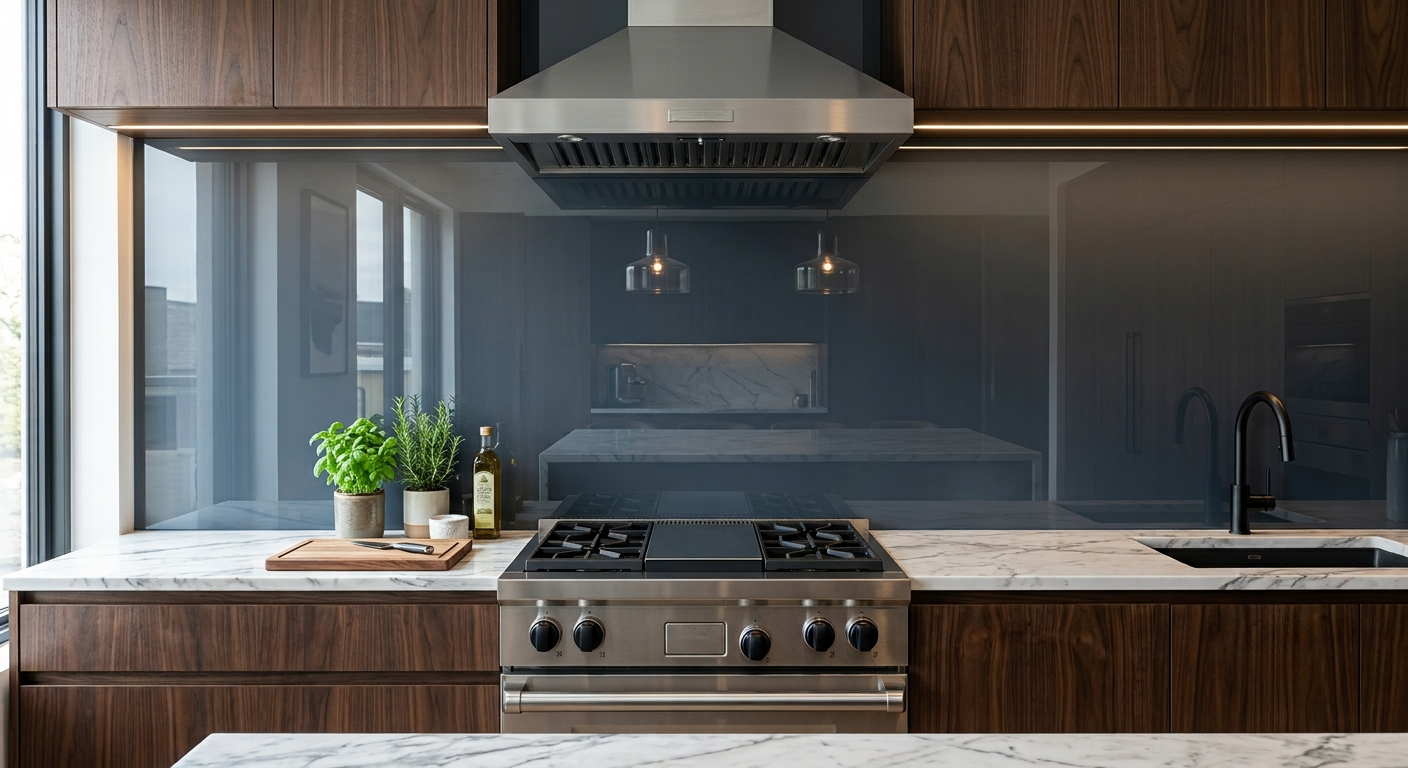 Modern kitchen with a marble countertop, a stainless steel stove, black faucet, and dark wood cabinets, with plants and kitchen items on the left side.