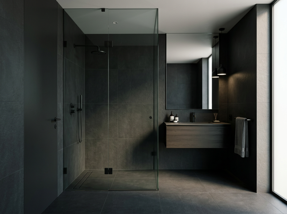Modern bathroom with a walk-in glass shower, dark wall tiles, a floating wooden vanity with a large mirror, and a large window allowing natural light.