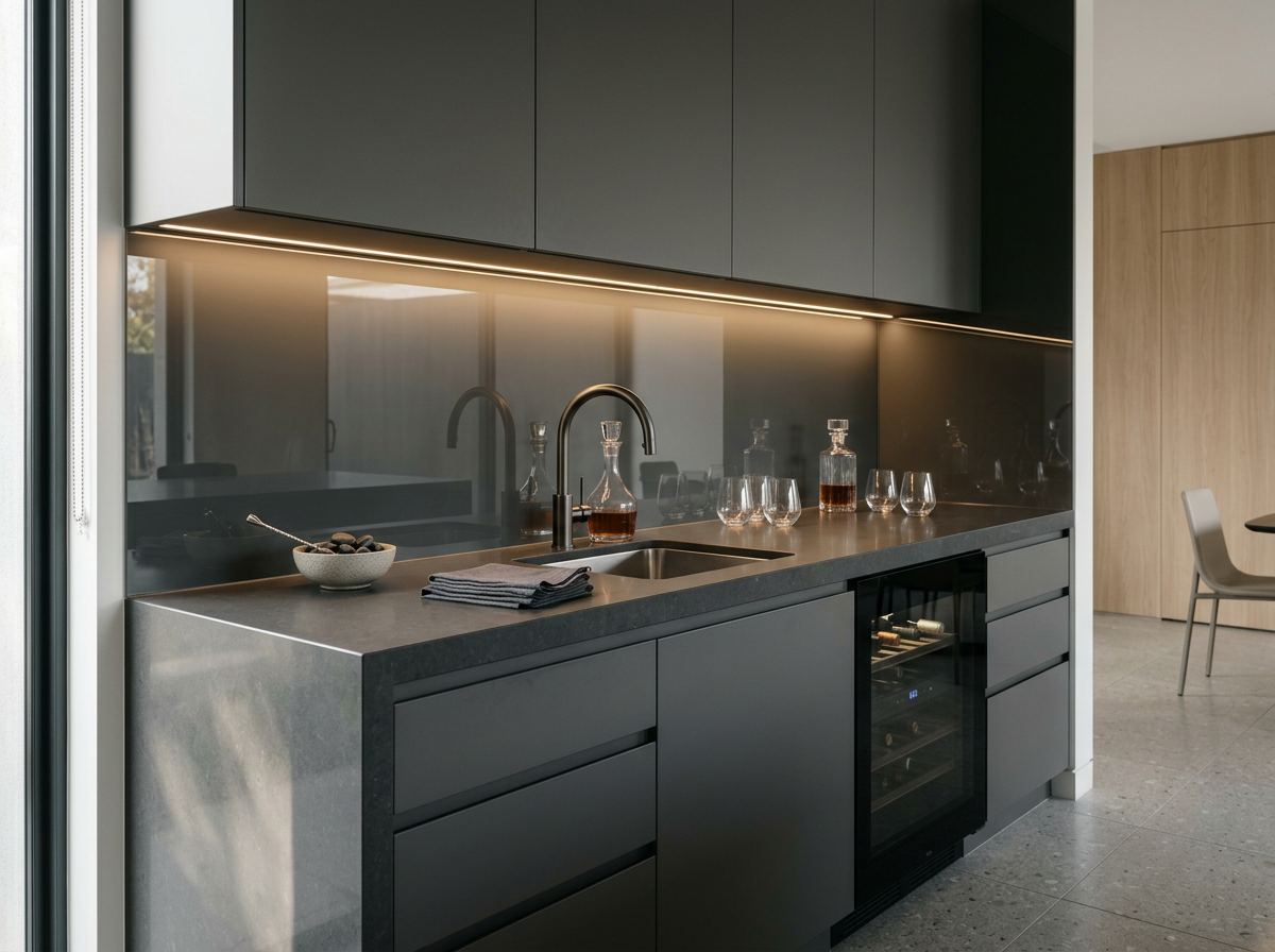 Modern kitchen with black cabinets, a gray countertop, a sink, and a bottle of liquor with glasses on the counter.