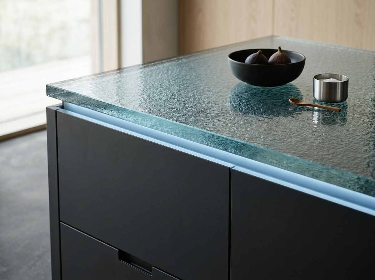 Close-up of a modern black cabinet with a textured glass top, holding a black bowl with figs, a small jar, and a wooden spoon.