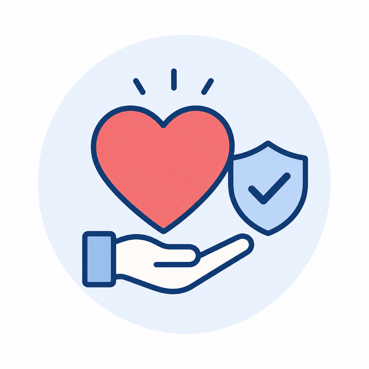 Illustration of a hand holding a shield with a checkmark, a large red heart above, indicating health support and protection.