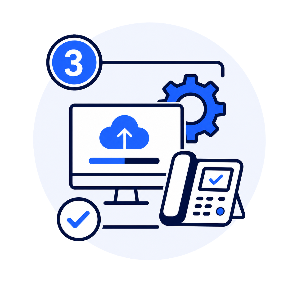 Icons representing cloud upload, settings gear, computer with cloud download, checkmarks, and a phone.
