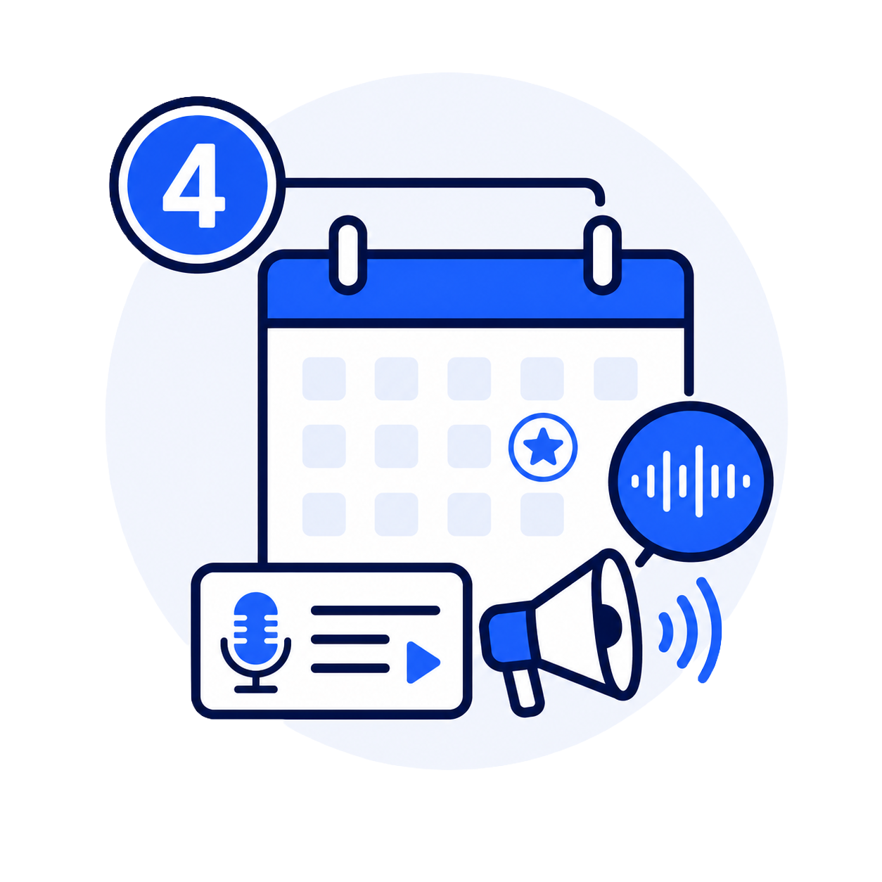 Digital illustration of a calendar with icons for podcast recording, voice, and social media, including a microphone, a megaphone, and a star.