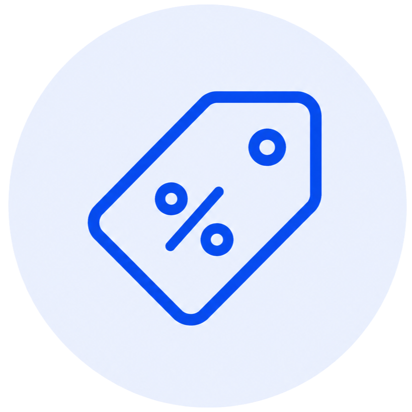Blue discount or sale tag with a percentage symbol on a white background.