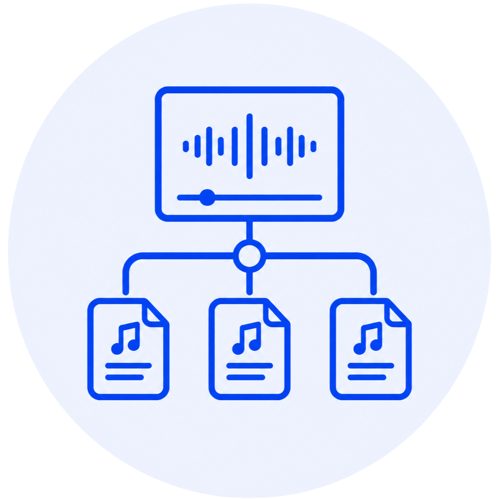 Diagram of audio files connected to a central audio waveform, representing audio file management or organization.