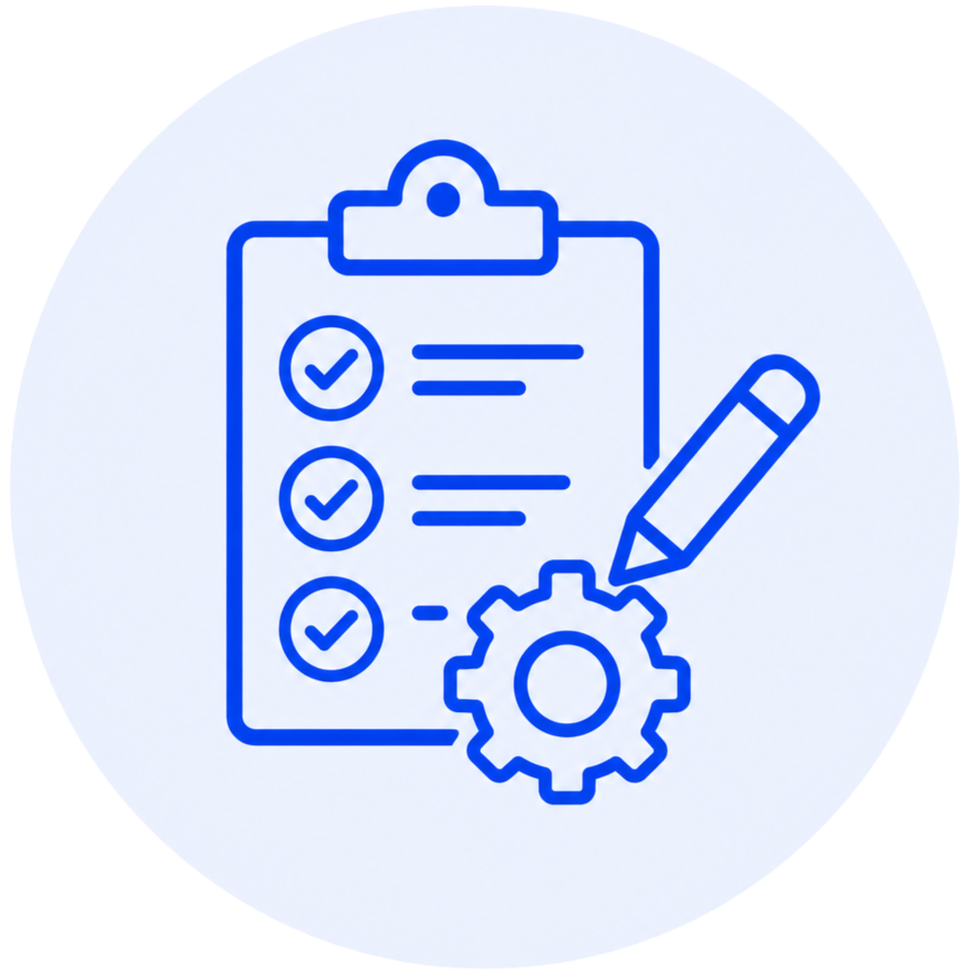 Line art illustration of a clipboard with a checklist, a gear icon, and a pen, representing task management or settings.