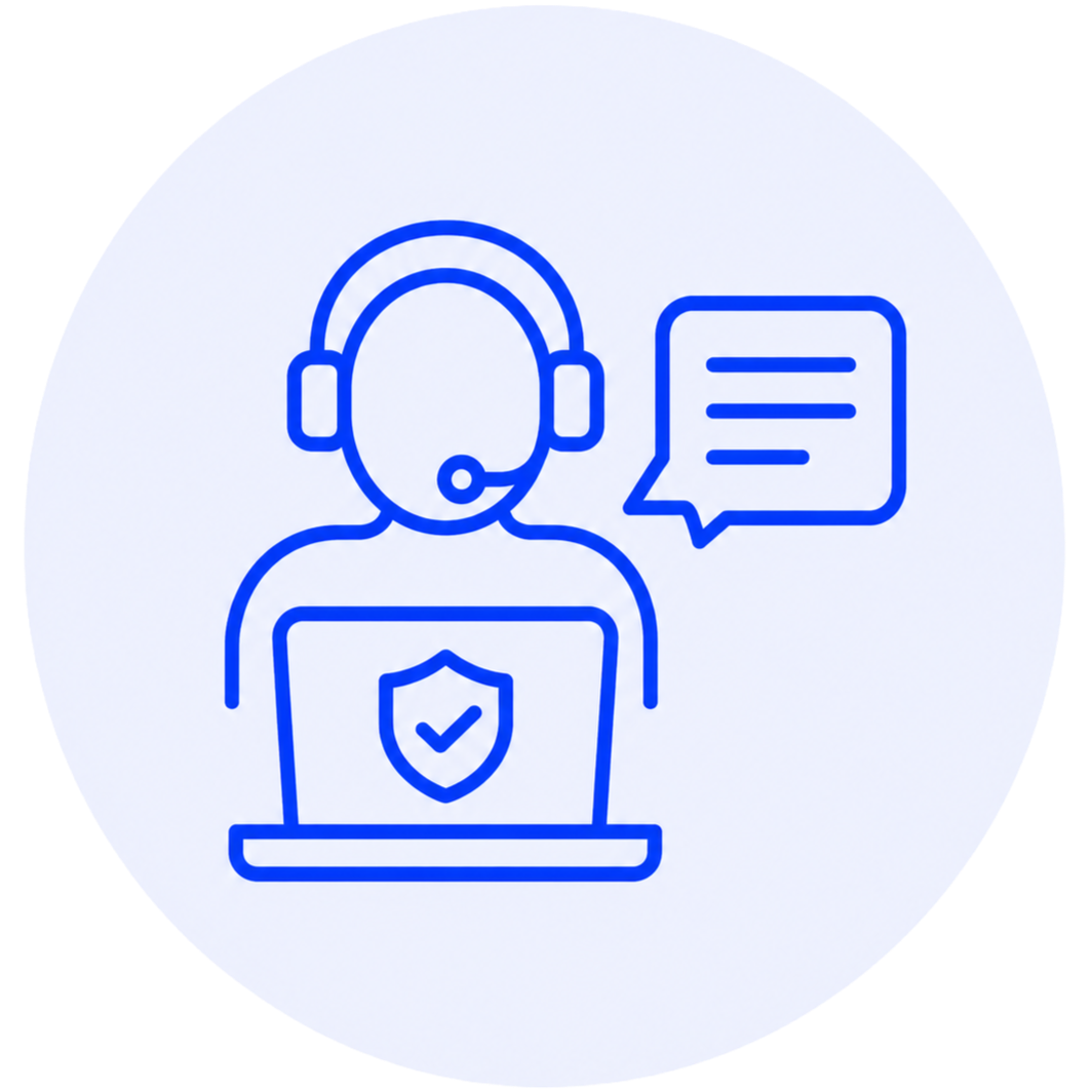 Outline icon of a customer support representative with a headset, speech bubble, and shield with a checkmark, all in blue lines.
